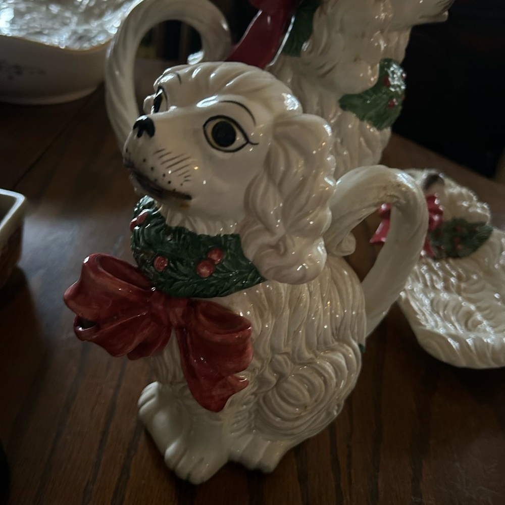 3 Piece Fitz&Floyd Staffordshire Dog Figurine Set with Red and Green Details